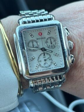 Michele Silver Stainless Steel Square Chronograph Watch
